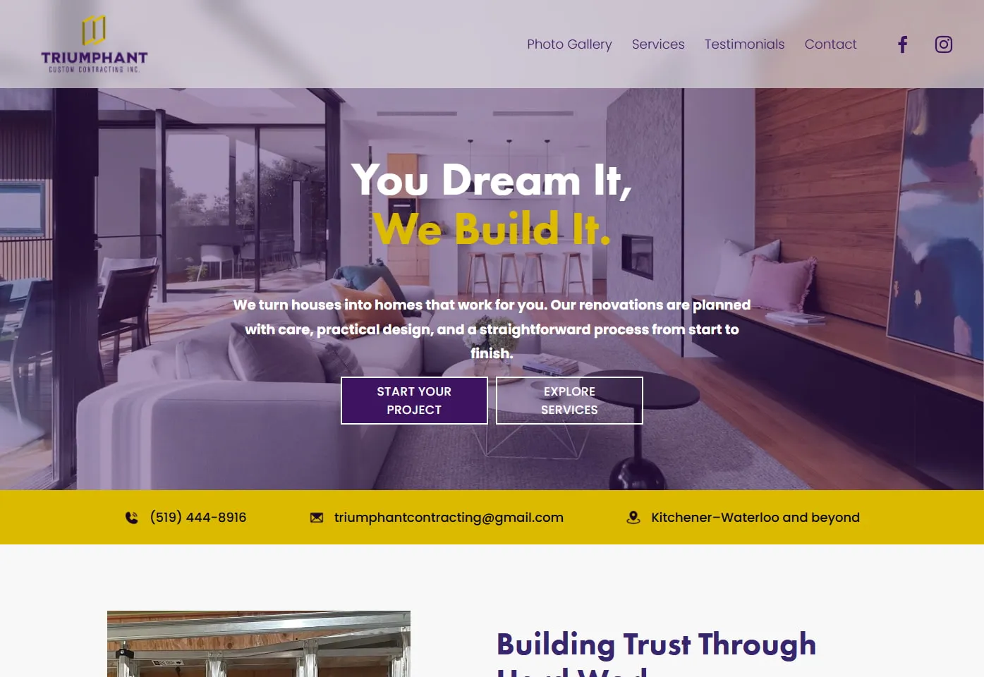 Triumphant Custom Contracting website, a contracting company providing home renovations across Kitchener, Waterloo and beyond.